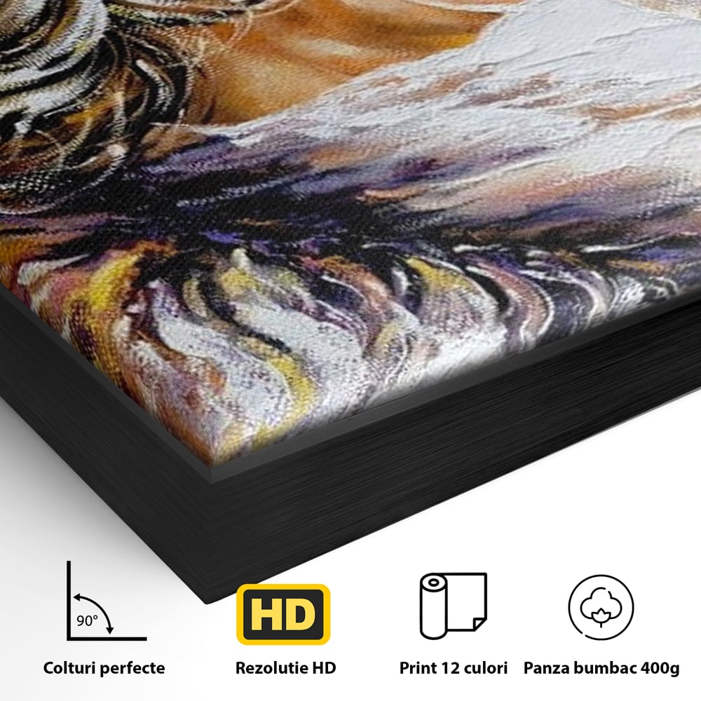 Detaliu al suprafetei: tablou canvas cu femeie privind pe fereastra, in rama de aluminiu negru